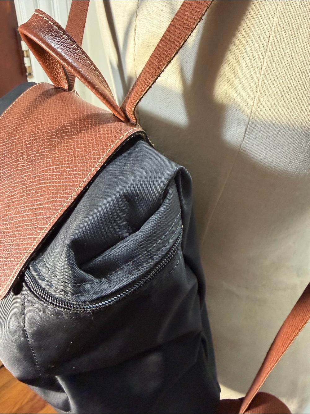 Longchamp Black Nylon Backpack with Brown Leather Trim - Picture 5 of 15